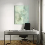 světle modrý abstraktní obraz pověšený za pracovním stolem