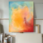 abstraktní žluto-červeno-modrý obraz pověšený na zdi